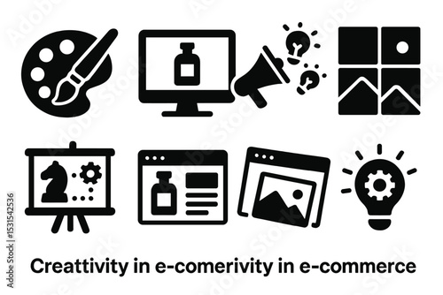 E-commerce Creativity Icons. Solid style icons of creativity in e-commerce: palette icon, product mockup, campaign concept,