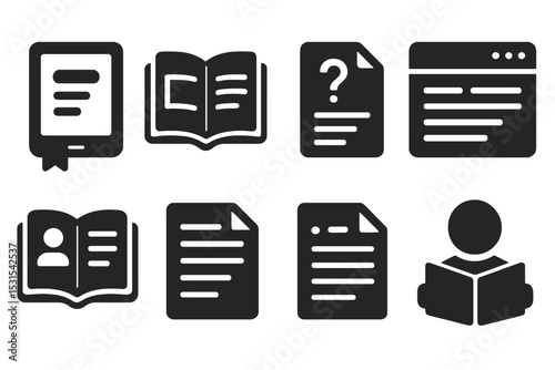Solid Reading Icons. Solid style icons of reading and content: ebook badge, product manual, help doc icon, reading panel, user