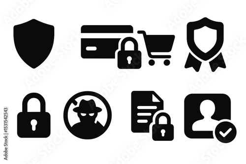 Security Icon Set. Solid style icons of security and privacy: shield icon, encrypted payment, secure checkout, buyer protection