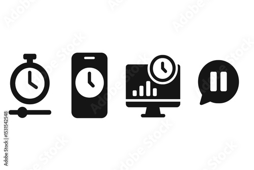 Screen Time Icons. Solid style icons of screen time tracking: clock slider icon, time-aware phone, session control icon,