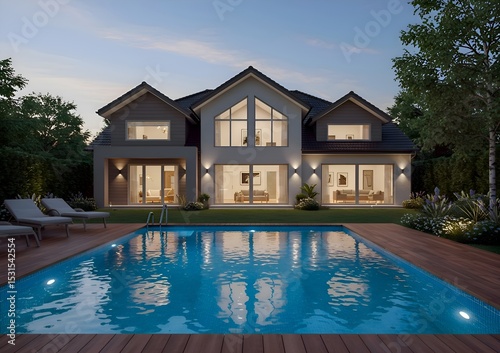 Luxury Modern House Design Swimming Pool, Night View, Architectural Rendering photo