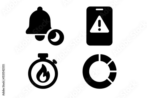 Screen Time Icons. Solid style icons of screen time tracking: sleep hour alert, mobile screen alert symbol, focus timer streak,