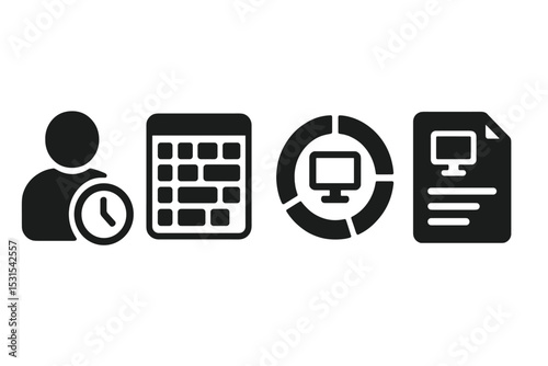 Screen Time Icons. Solid style icons of screen time tracking: user icon with time limit, weekly screen heatmap, screen bar rings,