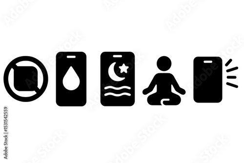 Digital Detox Icons. Solid style icons of digital detox: app blackout badge, digital cleanse icon, night detox screen, relax mode