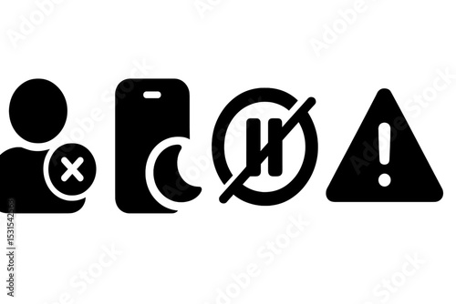 Do Not Disturb Icons. Solid style icons of do not disturb: user with quiet mode icon, phone in rest state, notification pause