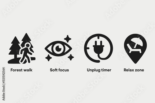 Mindful Break Icons. Solid style icons of mindful break: forest walk icon, eye with soft focus, unplug timer icon, window light