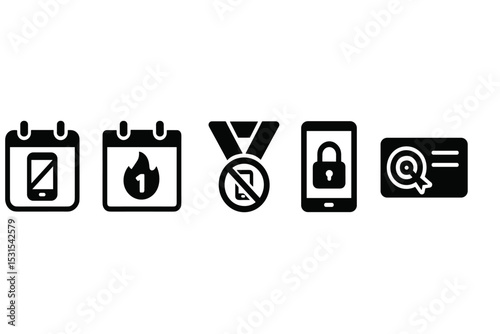 Screen-Free Icons. Solid style icons of screen-free challenge: screen off calendar, day streak without phone, mobile-free medal,