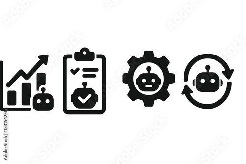 AI Productivity Icons. Solid style icons of AI productivity: productivity chart, task progress, focus gear, flow loop. Solid style