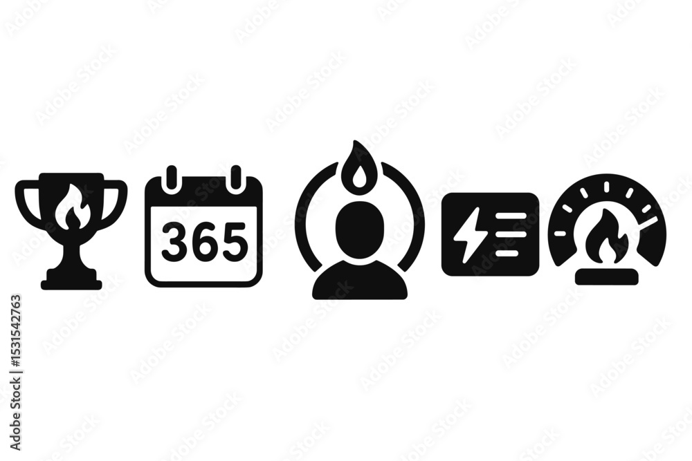 Productivity Streak Icons. Solid style icons of productivity streak: trophy with fire icon, consecutive day tracker, user with