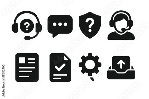 Freelancer Support Icons. Solid style icons of freelancer support: help center, live chat, question badge, support agent. Solid