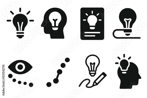 Creative Icons Collection. Solid style icons of creative ideas: lightbulb flash, concept icon, brainstorm card, idea line. Solid