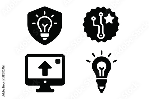 Freelance Innovation Icons. Solid style icons of freelance innovation: feature icon, new tech badge, update screen, creative