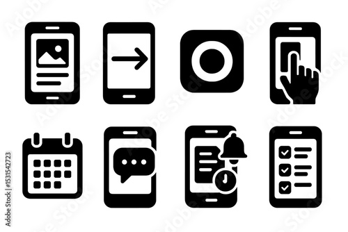 Mobile Freelancing Icons. Solid style icons of mobile freelancing tools: mobile UI, swipe screen, app icon, tap panel. Solid style