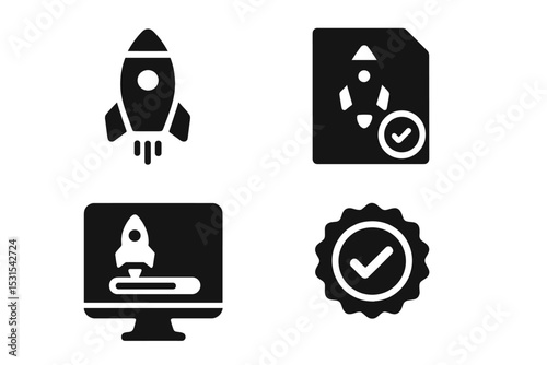 Project Launch Icons. Solid style icons of project launch: rocket icon, release card, launch bar, product deploy. Solid style of