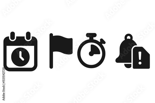 Deadline Icons. Solid style icons of deadline reminders: calendar clock, red flag, urgency timer, due alert. Solid style of