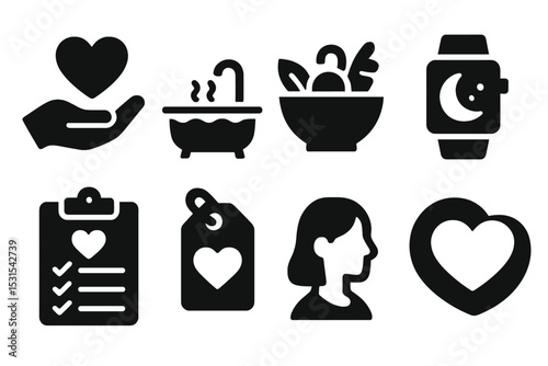 Self-Care Icon Collection. Solid style icons of self-care practices: heart in hand, bath icon, nutrition bowl, sleep tracker.