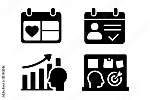 Icons for Wellbeing. Solid style icons of planning for wellbeing: planner tab, therapy schedule, reflection chart, routine icon.