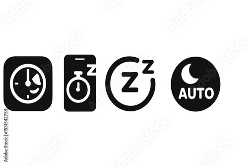Sleep Timer Icons. Solid style icons of sleep timer: app icon with bedtime clock, screen off after timer icon, timer ring with