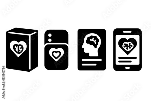 Digital Mental Health Icons. Solid style icons of digital mental health products: product box, care pack, wellness tool, therapy