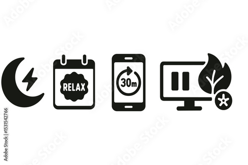 Recharge Icons Symbolism. Solid style icons of recharge reminder: moon with energy icon, day planner with relax badge, phone with