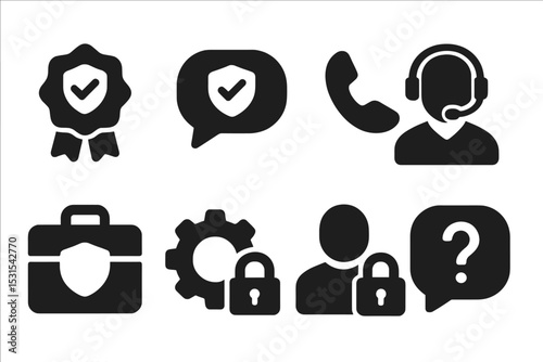 Cybersecurity Support Icons. Solid style icons of support in cybersecurity: help badge, secure chat, protection hotline, tech
