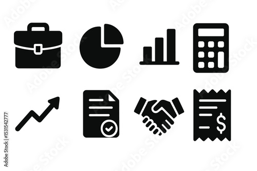 Business Icon Set. Solid style icons of business and finance: briefcase, pie chart, bar graph, calculator, growth arrow, contract,
