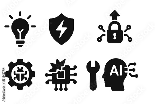 Cybersecurity Icons. Solid style icons of innovation in cybersecurity: idea bulb, defense spark, secure upgrade, concept lock.