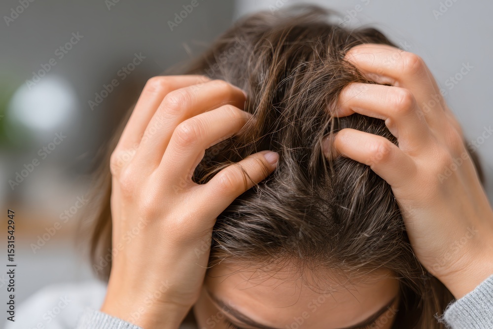 Fototapeta premium Close-up of a woman scratching her scalp with her fingers, highlighting hair health and discomfort, potentially indicating scalp issues like dandruff.