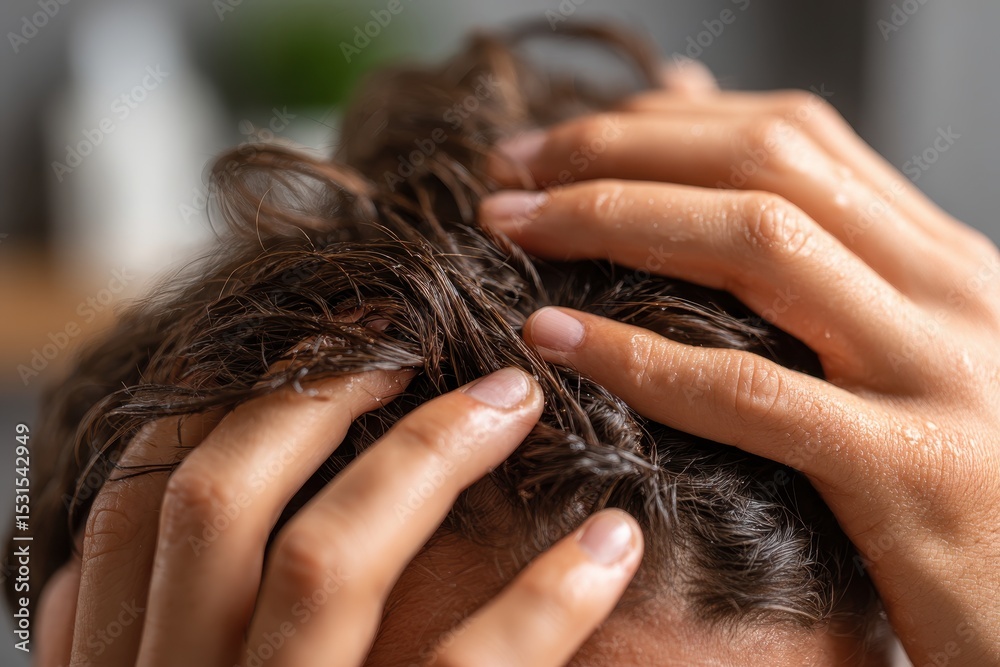 Naklejka premium A close-up shot of a person massaging their scalp with their fingers, promoting healthy hair growth and relaxation during a hair care routine, wellness concept.