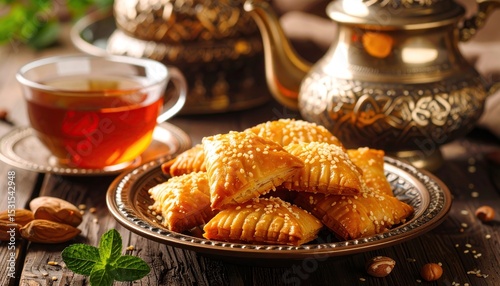 Sesame cookies with tea, and rustic setting.