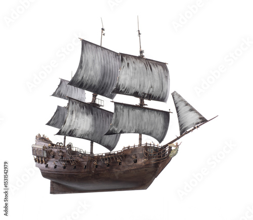 pirate ship with white sails isolated on white background