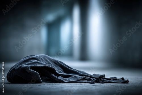 An unsettling scene depicts a draped figure on a cold, concrete floor, illuminated by a distant, spectral light, creating an atmosphere of mystery and despair.
