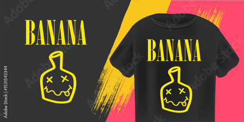 Banana Nirvana T-Shirt Design Vector Black Tee with Yellow Text and Funny Banana Smiling Face, Trendy Graphic Apparel for Casual Style and Pop Culture Fans