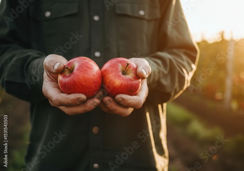 Close-up of farmer's hands holding two red apples in sunlight. Outdoor orchard setting. Concept of organic farming, fresh harvest, and sustainable agriculture