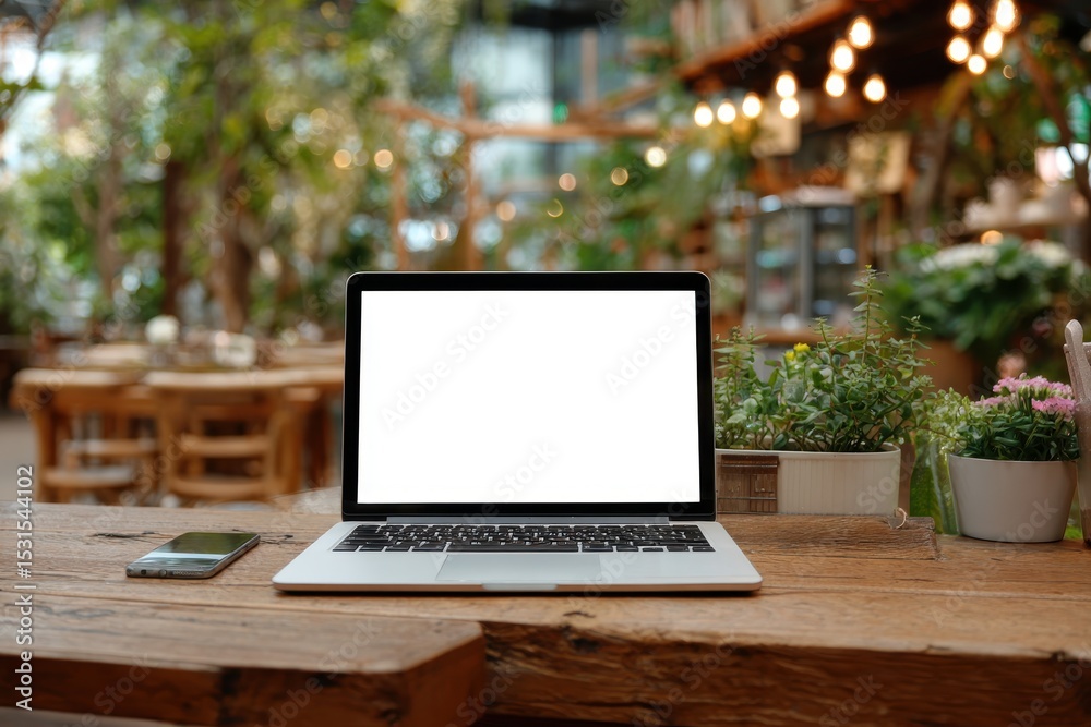 Laptop with a blank screen on a wooden table in a cafe, surrounded by plants, creating a cozy and inviting workspace, ideal for remote work and digital lifestyle. Laptop with a blank screen on a wooden table in a cafe, surrounded by plants, creating a cozy and inviting workspace, ideal for remote work and digital lifestyle.
