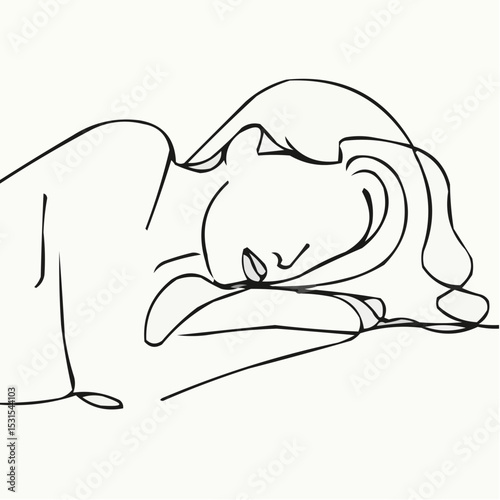Line art of a woman resting on a surface with flowing hair  