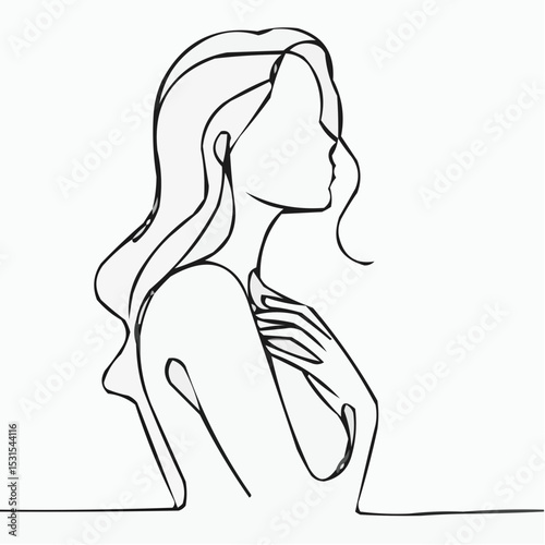 Line art of a woman holding her chest in a minimalist style  