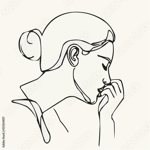 Continuous line art of a woman lost in thought against a neutral background  