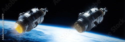 Two spacecraft in orbit around Earth, showcasing advanced technology and exploration in the vastness of space
