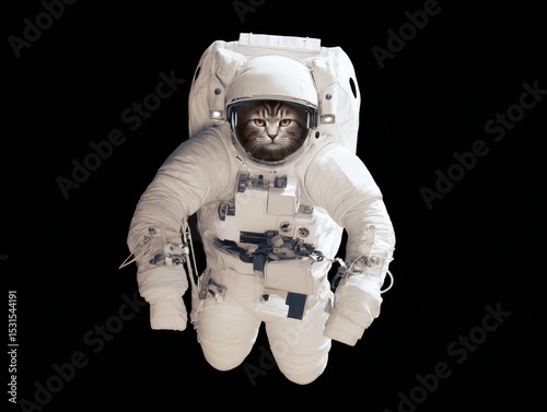 A whimsical astronaut cat floats in space, wearing a full spacesuit with an expressive face, blending humor and the wonder of exploration
