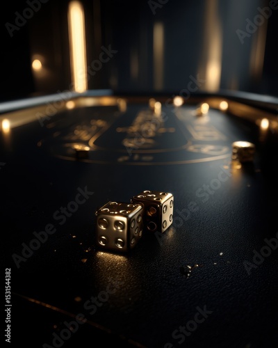Luxurious gold dice rest on a dark, reflective surface, illuminated by warm lighting, evoking an air of sophistication and chance