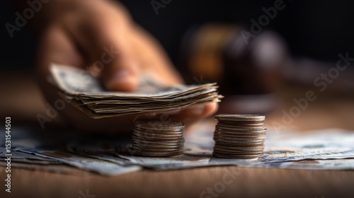 A hand holds a stack of cash while two towers of coins stand in the foreground, symbolizing financial management and wealth accumulation