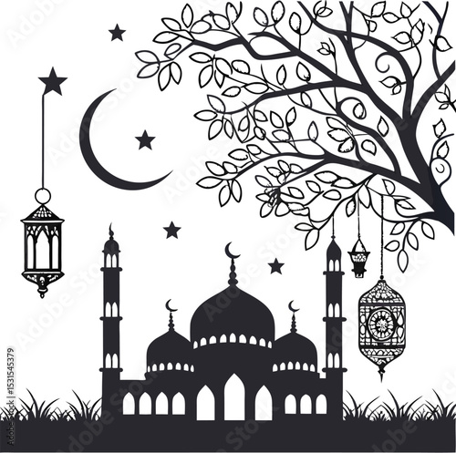 islamic mosque with lantern tree and moon night sky