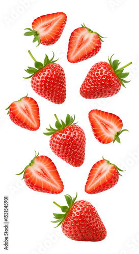 strawberry slices falling down PNG. whole strawberries and strawberry pieces flying isolated. Fresh and organic strawberry fruit scattered PNG. Berry fruit strawberry isolated