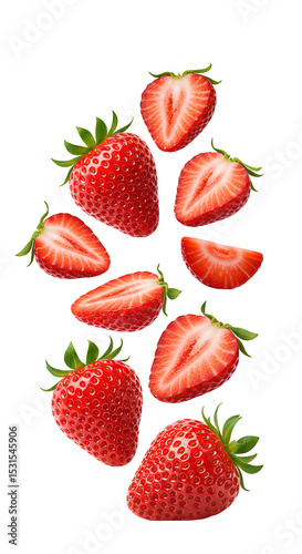 strawberry slices falling down PNG. whole strawberries and strawberry pieces flying isolated. Fresh and organic strawberry fruit scattered PNG. Berry fruit strawberry isolated