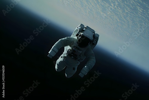 Astronaut floating in deep space with Earth's atmosphere visible, symbolizing space exploration, scientific discovery, cosmic wonder, and humanity's future beyond our planet.