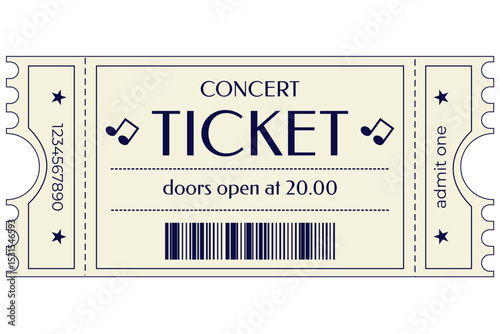 Concert ticket vector, template, sample, graphic element, on light background, barcode, notes, stars, admit one