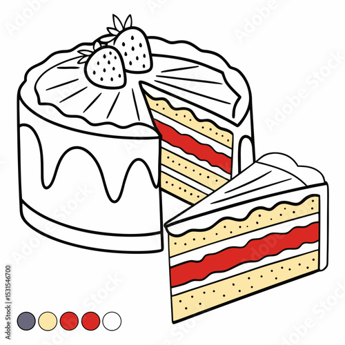 Delicious cake with strawberries on top, showcasing layers of cream and fruit filling, beautifully sliced to reveal its colorful interior, perfect for dessert lovers and celebrations