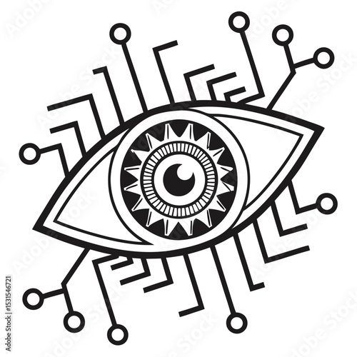 Eye illustration with intricate circuit patterns, symbolizing technology and vision, showcasing the fusion of human perception and digital innovation in a modern design