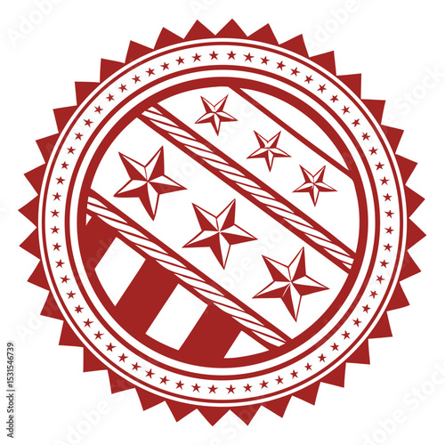 Circular emblem featuring five stars and striped patterns, designed in a bold red color, symbolizing achievement and excellence in a decorative badge style